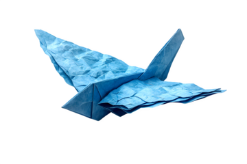 Paper airplane with folded wings in mid-flight minimal style isolated on white background