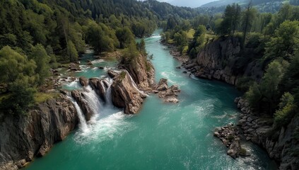 Serene Turquoise River Cascading Through Lush Green Forest with Rocky Outcrops and Gentle Waterfalls in Bright Sunny Daylight