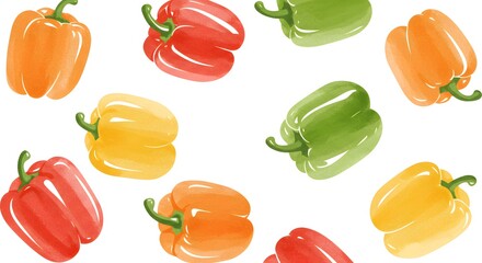 Watercolor Bell Pepper Pattern on White Background