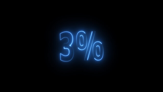 Neon glowing 3 percent icon illustration. on black background. Abstract 3% percent text neon illustration. and creating a stunning 4k illustration.