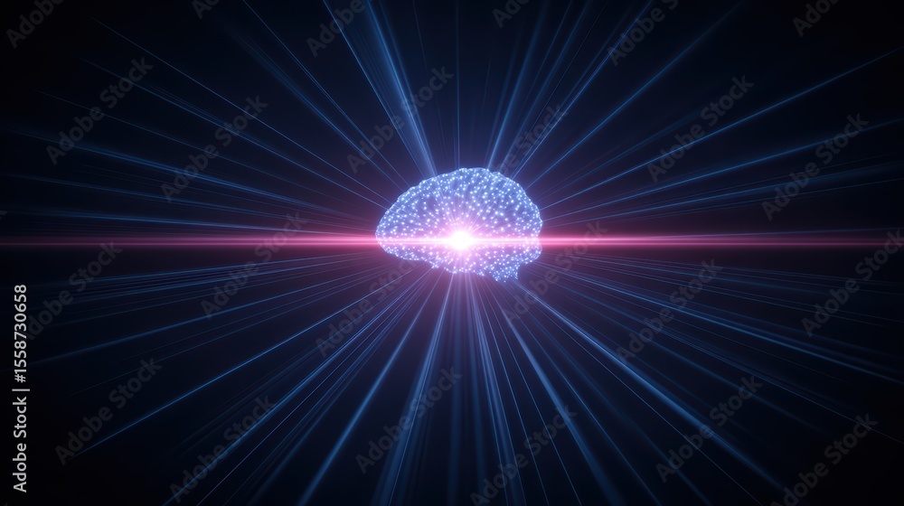 Aufkleber abstract visualization of a glowing brain emitting rays of light in a dark space, symbolizing creati