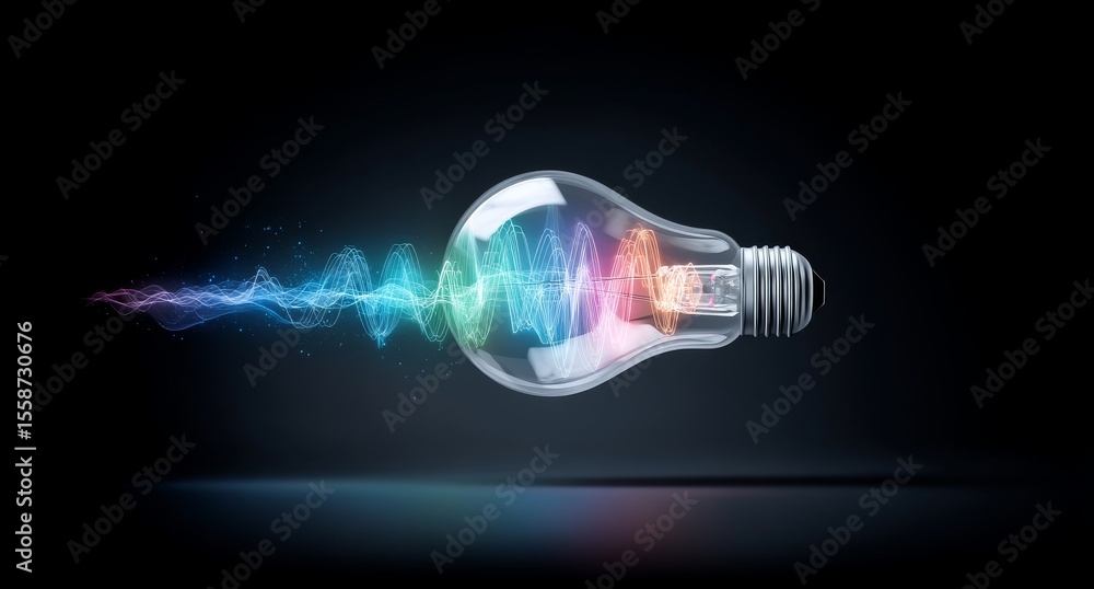 Poster a resplendent light bulb glows with an intense spectrum of colors, generating undulating waves of li