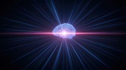 Abstract visualization of a glowing brain emitting rays of light in a dark space, symbolizing creativity and intelligence