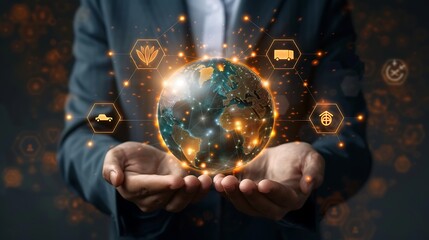 Fototapeta premium A businessman holds a glowing digital globe in his hands, surrounded by icons representing global business, logistics, and sustainability initiatives