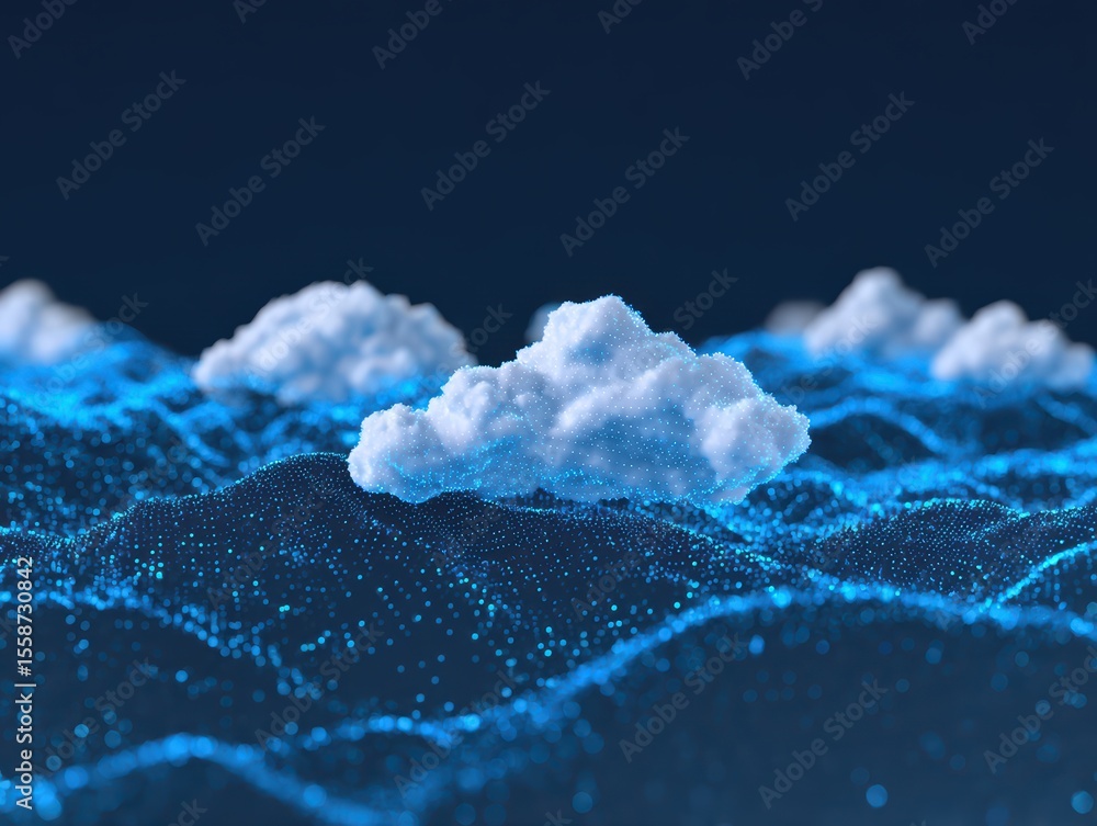 Poster digital rendering of clouds over vibrant blue waves in a futuristic style with abstract background e