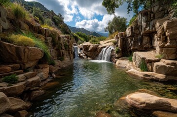 Serene Waterfall Cascade Amidst Rocky Outcrops and Lush Greenery in a Peaceful Natural Landscape