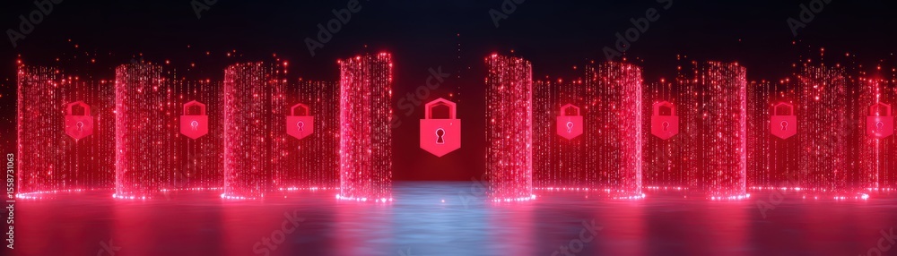 Poster digital security concept with red virtual lock symbols in a futuristic environment