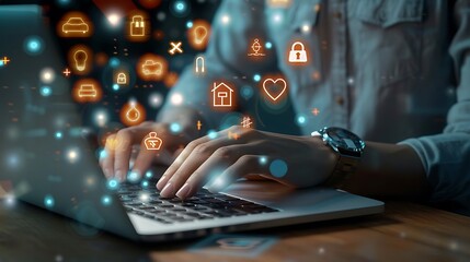Closeup view of a persons hands typing on a laptop keyboard, with glowing icons of various digital concepts such as finance, shopping, and home, creating a futuristic and technological atmosphere