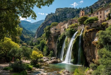 Serene Waterfall Cascade Near Quaint Village Surrounded by Lush Greenery and Scenic Mountains Under a Bright Blue Sky with Fluffy White Clouds