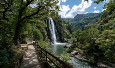 Serene Waterfall Cascade Surrounded by Lush Greenery and Mountainous Landscape Beneath a Bright Blue Sky with Fluffy White Clouds