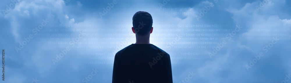 Poster individual standing in front of bright light with clouds in the background creating a mystical atmos