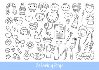 Draw vector illustration coloring page retro dental vibes Hippie florals Positive vibes Doodle cartoon style