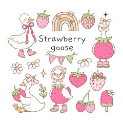 Draw vector illustration collection cute strawberry goose Pink summer Classroom decor Doodle cartoon style