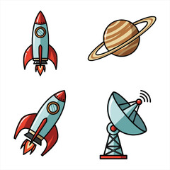 Four cartoon space exploration icons: two rockets, a ringed planet, and a satellite dish.