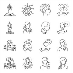 A collection of line art icons depicting mental health, mindfulness, and emotional well-being concepts.