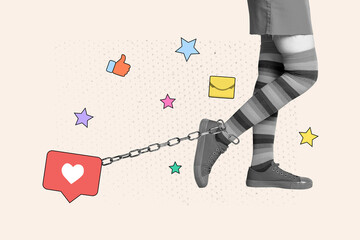 3D collage design composite trend sketch of female legs walk metal chain cuffs like addiction...