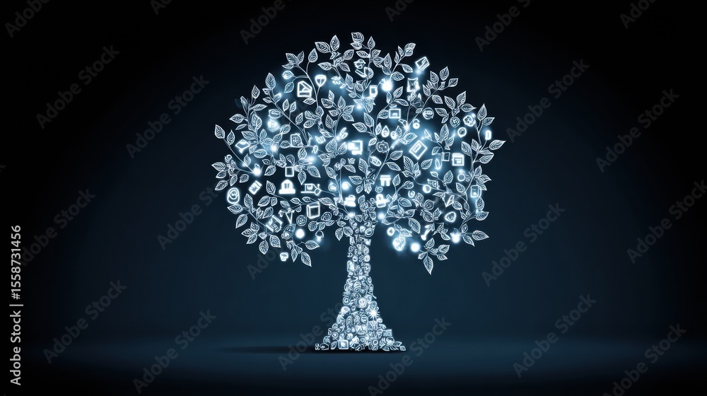 Leinwandbilder knowledge tree with glowing icon-shaped leaves symbolizing the growth of ideas and technology in a d