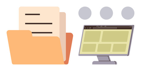 Open folder with documents alongside desktop monitor displaying web interface. Ideal for workflow, organization, filing, data management, information sharing, digital tools, simple flat metaphor © robu_s