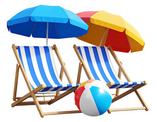  3D Render of Beach Chairs and Umbrellas with Beach Ball, Isolated on Transparent Background PNG