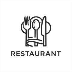 Minimalist logo design featuring a fork, spoon, and knife arranged to resemble a chef's hat, with the word 
