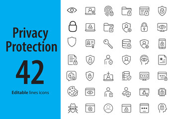 Privacy Protection Line Icons, Shield, Fingerprint, Face ID, Password, Private Account, Secure Access, Encryption, and More , Editable Formats: AI, EPS, JPG, PNG , Ideal for Both Digital and Print Use