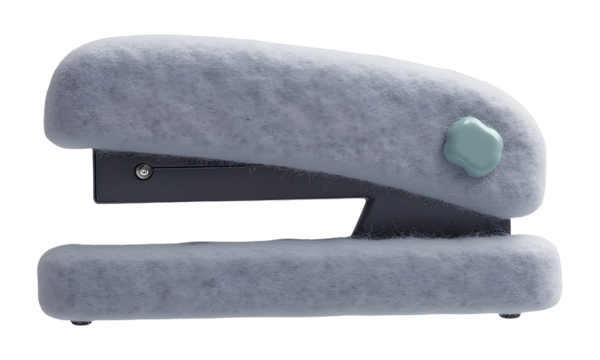 Cute fuzzy gray stapler sits on desk, an essential office supply