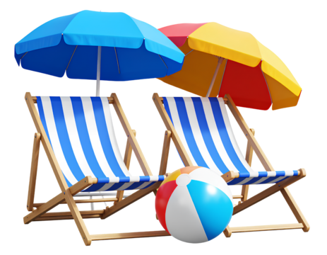  3D Render of Beach Chairs and Umbrellas with Beach Ball, Isolated on Transparent Background PNG