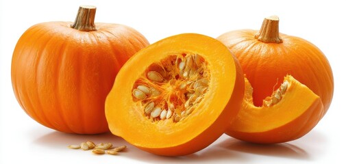 The vibrant orange pumpkins sliced open to reveal their seeds and texture.
