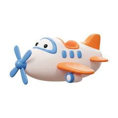 Cute Cartoon Airplane with Propeller, White Orange and Blue, 3D Render