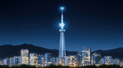 Obraz premium Nighttime Cityscape with 5G Tower Illuminated Above Urban Skyline Representing Modern Technology and Connectivity