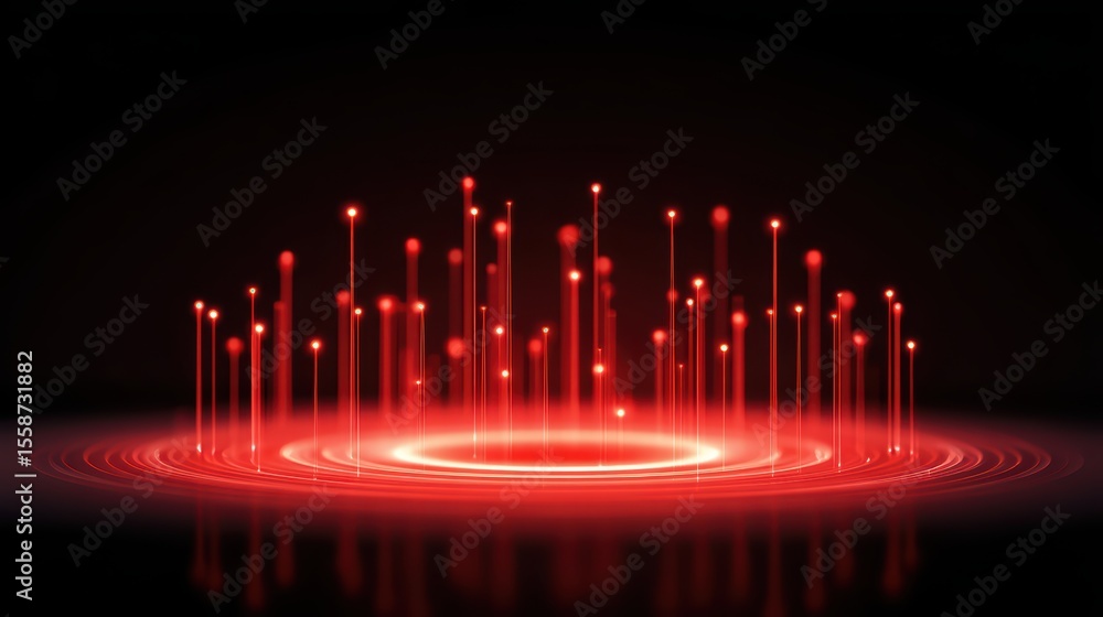 Poster abstract red light particles rising from circular base on black background