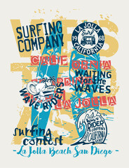 California West Coast surfing team wave riders cute vector print for children kids t shirt beach and summer wear