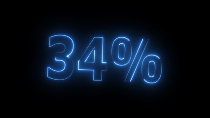 Neon glowing 34 percent icon illustration. on black background. Abstract 34% percent text neon illustration. and creating a stunning 4k illustration.