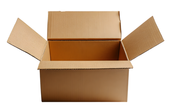 Plain cardboard shipping box with flaps open isolated on white background