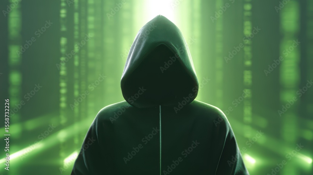Poster mysterious figure in hooded cloak stands against vibrant green digital matrix background with glowin
