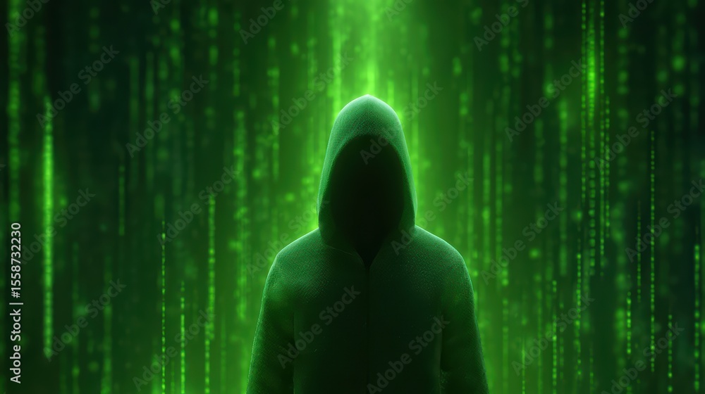 Poster mysterious hooded figure against a green matrix background with digital code elements