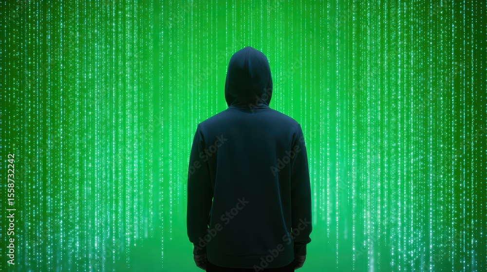 Aufkleber mysterious figure in hoodie stands alone in front of a vibrant green digital rain background represe