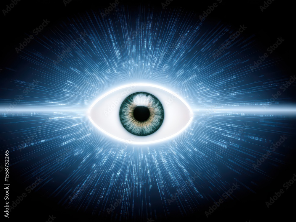Fototapete radiant eye surrounded by digital light beams and binary code representing technology and vision con