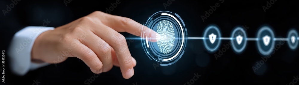 Poster hand touching digital fingerprint scanner with security icons in futuristic technology concept for a