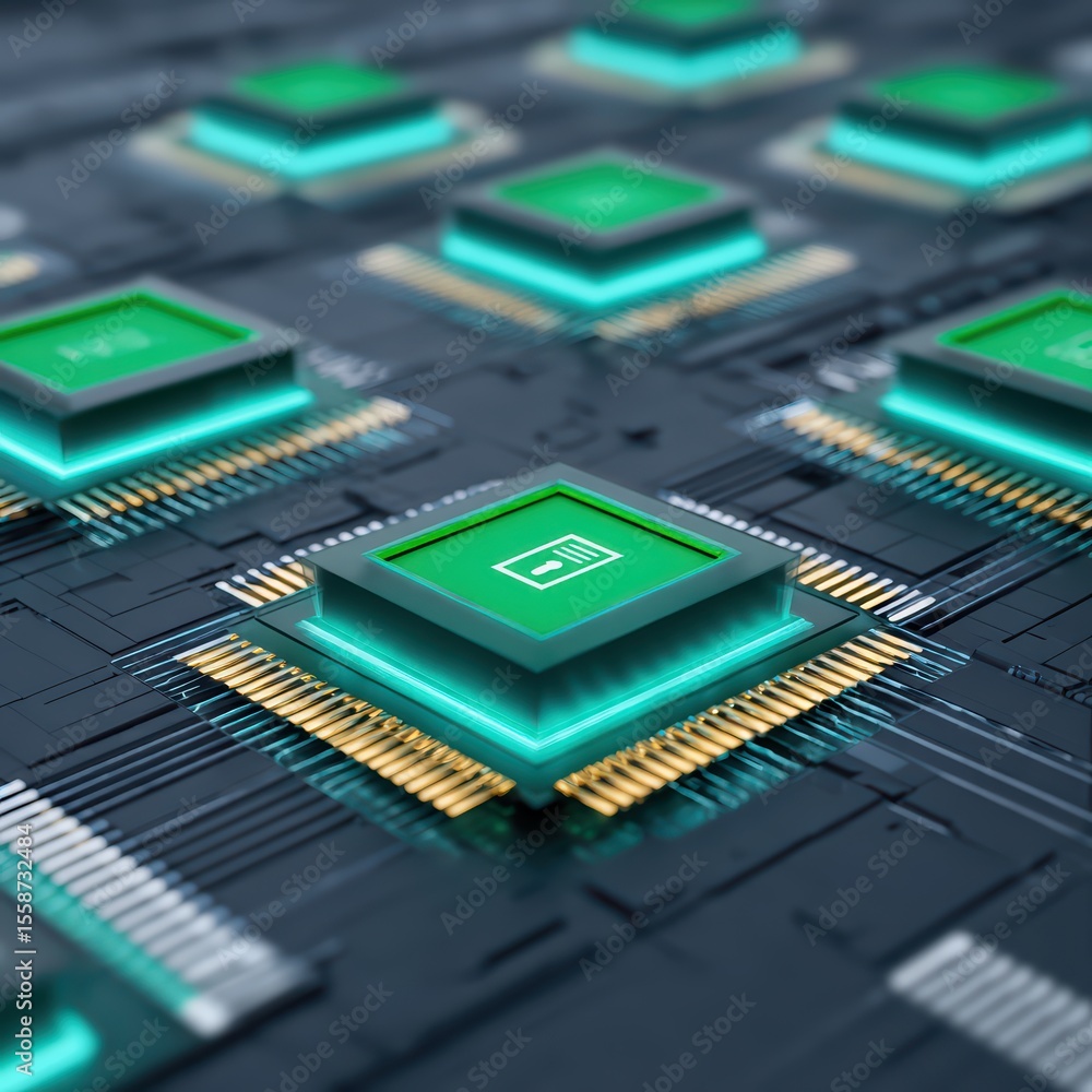 Poster detailed close-up of computer processors on circuit board with neon accents for technology backgroun