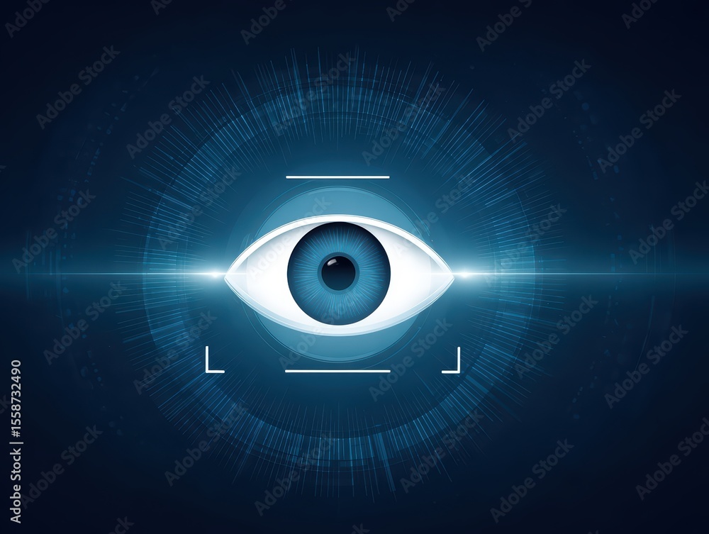Poster futuristic concept of eye with digital elements representing vision and technology in dark backgroun