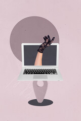 Sketch image 3d banner artwork collage of human hand peek laptop 5g network communication...