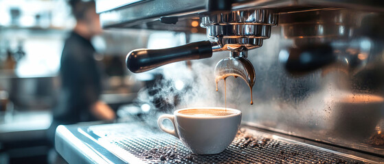 Capturing the magic of brewing espresso with steam dancing in the air at a bustling cafe