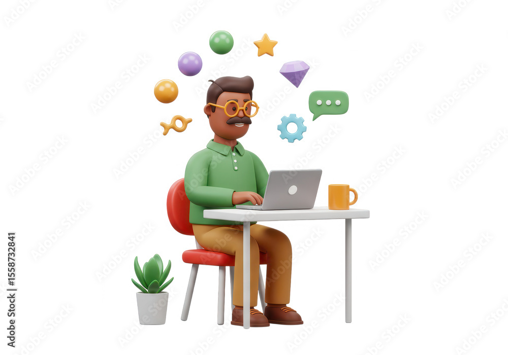 Aufkleber man sitting at desk working on his laptop with icons floating around isolated on transparent backgro