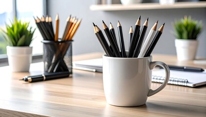 Obraz premium Office desk with pencils and mug