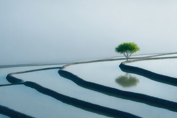 flooded rice paddy in india at sunrise featuring geometric patterns on waters surface