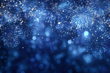Celebrating New Year's Eve with vibrant blue fireworks and bokeh effects illuminating the night sky
