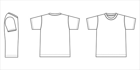 T-Shirt Template: Three views of a classic t-shirt template, perfect for design visualization, customization, and apparel presentations.
