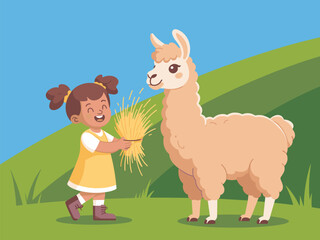 Obraz premium Happy Little Girl Feeding Hay to a Friendly Llama on a Hillside