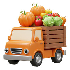 Orange Cartoon Truck Carrying Pumpkins and Vegetables